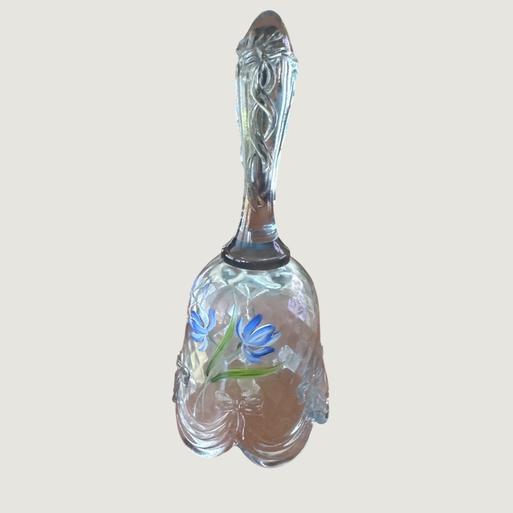Fenton Iridescent Glass Bell Hand Painted Blue Floral Embossed Bows‎ Vintage USA